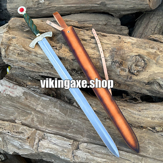 Goldryn Sword High Carbone Steel Blade Brass Guard And Red Gemstone Pommel With Leather Sheath