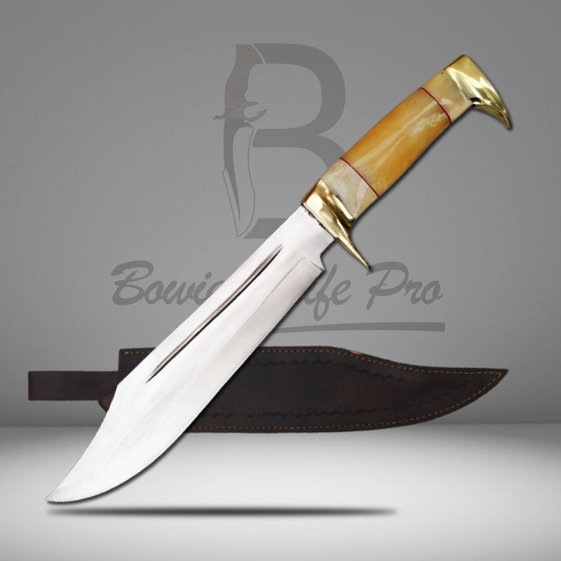 Bowie Knife Pro Steel Blade Bone Handle Brass Guard And Pommel With Knife Sheath VK-215