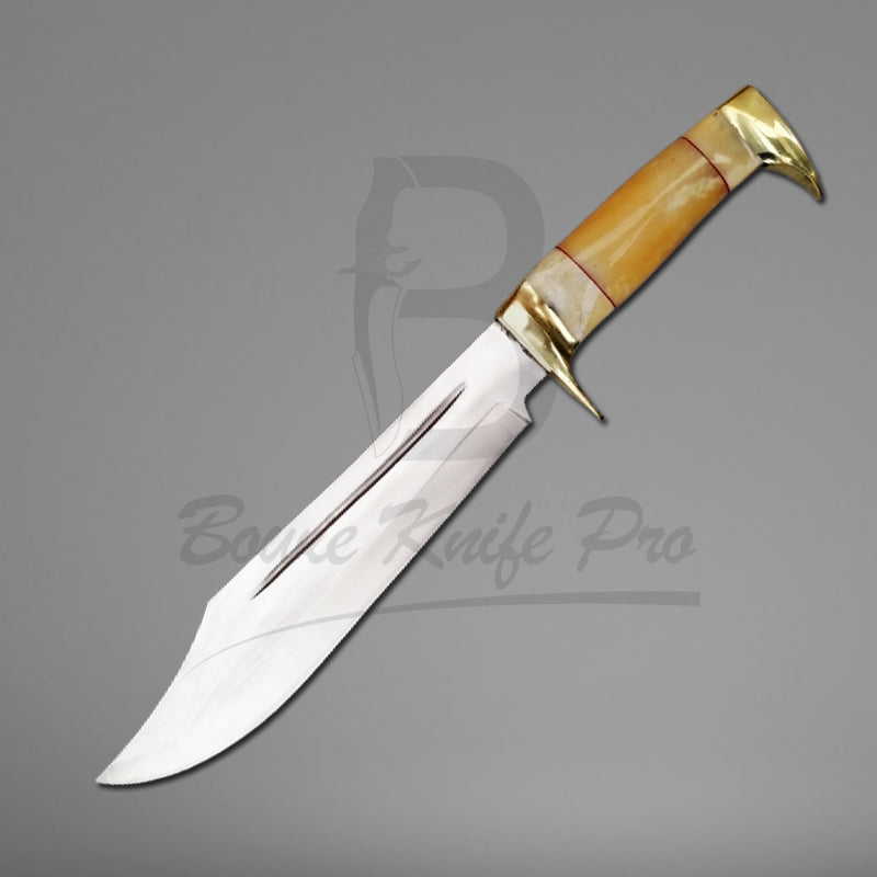 Bowie Knife Pro Steel Blade Bone Handle Brass Guard And Pommel With Knife Sheath VK-215