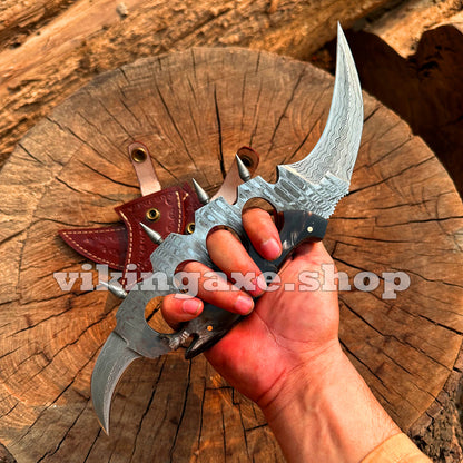 Custom Karambit Knife Knuckles Style Damascus Steel Sharp Edges With Sheath