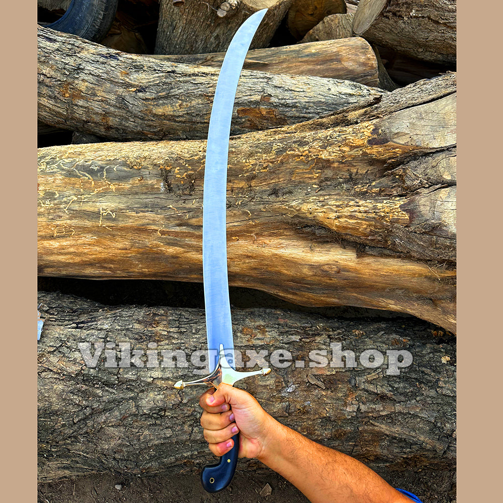 Custom Handmade Shamshir Sword Stainless Steel Blade Brass Guard Bull horn Handle With Leather Sheath