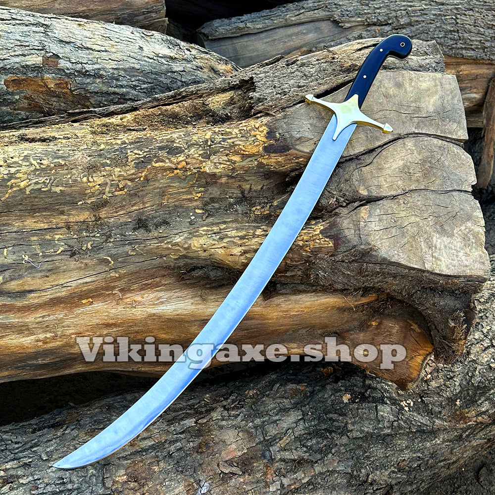 Custom Handmade Shamshir Sword Stainless Steel Blade Brass Guard Bull horn Handle With Leather Sheath