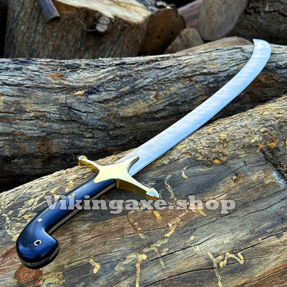 Custom Handmade Shamshir Sword Stainless Steel Blade Brass Guard Bull horn Handle With Leather Sheath