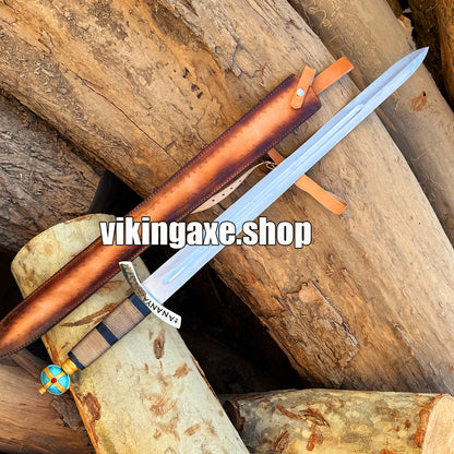 Handmade Viking Sword High Carbon Steel Blade Sharp Edges Brass Guard And Pommel With Leather Sheath