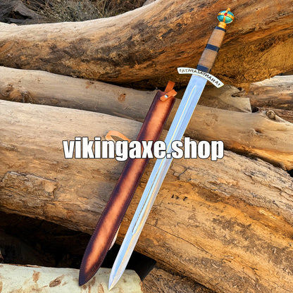 Handmade Viking Sword High Carbon Steel Blade Sharp Edges Brass Guard And Pommel With Leather Sheath