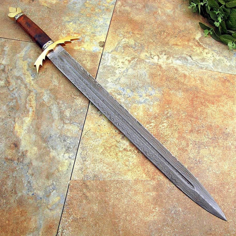 Custom Viking Sword Damascus Steel Sword Rose Wood Handle With Leather Sheath