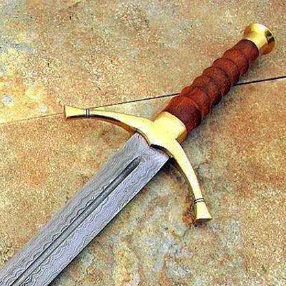 Handmade Viking Sword Damascus Steel Sword Brass Guard And Pommel Rose Wood Handle With Leather Sheath