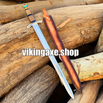 Handmade Viking Sword High Carbon Steel Blade Sharp Edges Brass Guard And Pommel With Leather Sheath