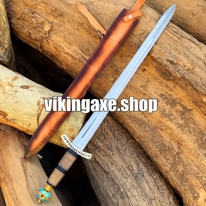 Handmade Viking Sword High Carbon Steel Blade Sharp Edges Brass Guard And Pommel With Leather Sheath