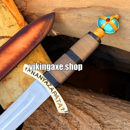 Handmade Viking Sword High Carbon Steel Blade Sharp Edges Brass Guard And Pommel With Leather Sheath